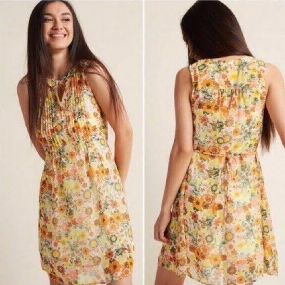 ModCloth Sutton Retro Floral Pleated Chiffon Sleeveless Shift Dress - Size Large